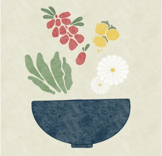 Illustrated bowl with herbs and flowers