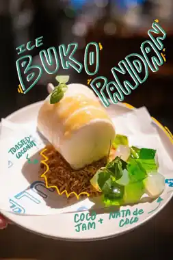Buko pandan dessert with illustrated labels